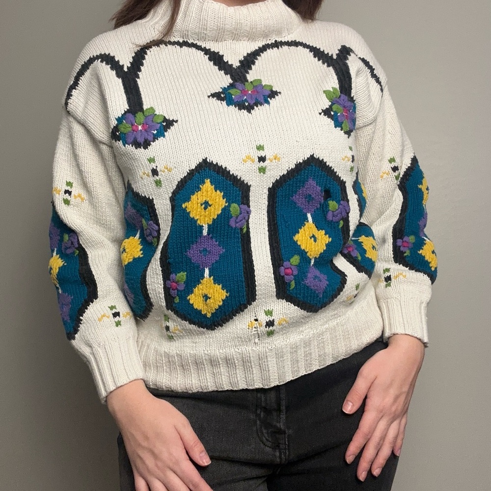 Saks Fifth Avenue Real Clothes 100% Cotton Vintage Embroidered Sweater Size M